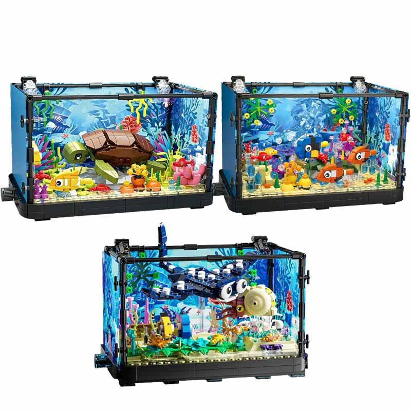 Aquarium Fish Marine - ライト付き水槽ビルディングブロックセット、水槽、海洋カメ、14歳以上の子供向けビルディングブロックおもちゃ、ギフト、家の装飾